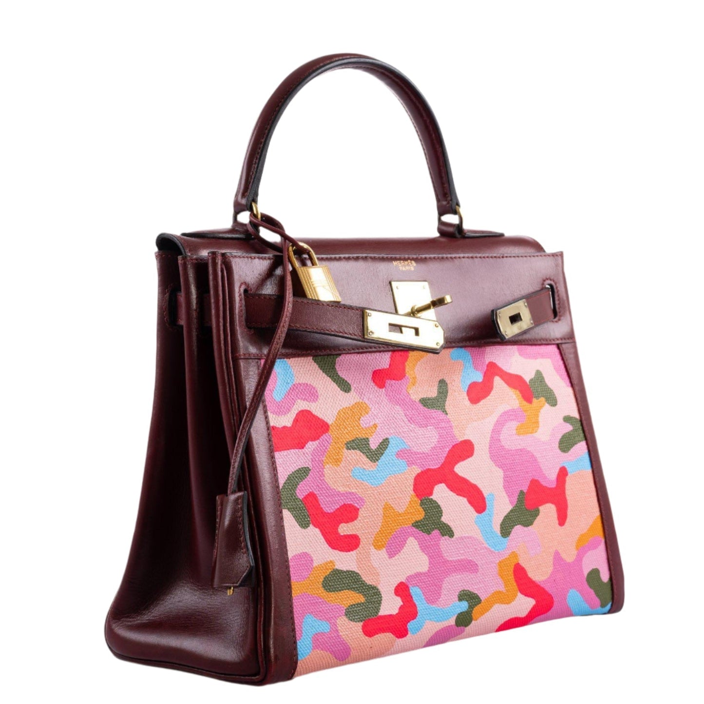 Vintage Hermes Kelly 28 Retourne Rouge H Calf Box & Toile Camouflage Painting