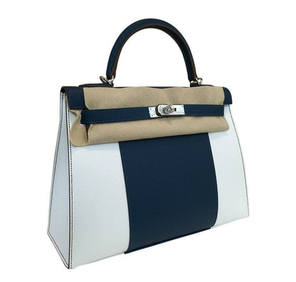 Hermes Kelly Flag Sellier 32 White Blue Thalassa Epsom Leather Palladium Hardware