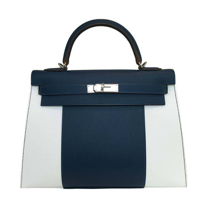 Hermes Kelly Flag Sellier 32 White Blue Thalassa Epsom Leather Palladium Hardware