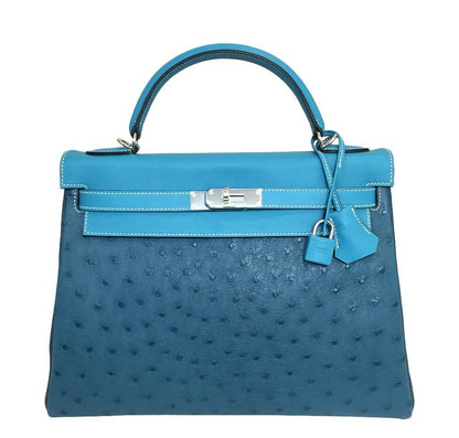 Hermes Kelly 32 Limited Edition Cobalt Blue Jean Colvert Multi Color Ostrich Swift Clemence Leather Palladium Hardware