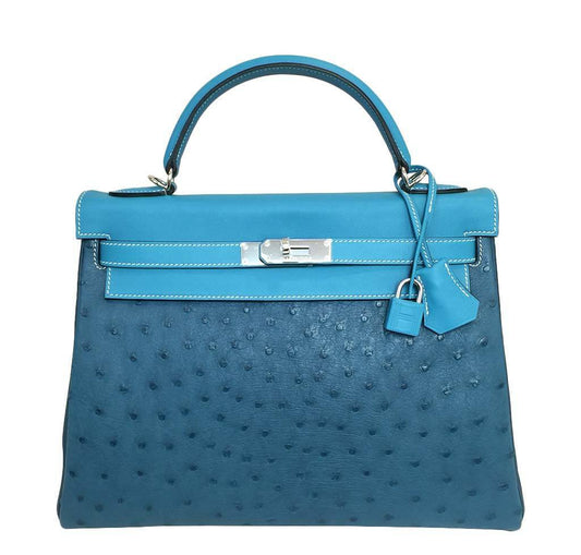 Hermes Kelly 32 Limited Edition Cobalt Blue Jean Colvert Multi Color Ostrich Swift Clemence Leather Palladium Hardware