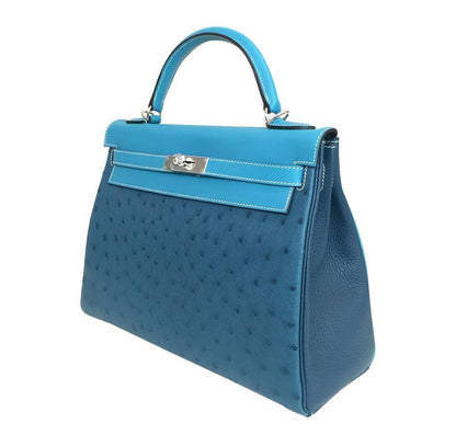 Hermes Kelly 32 Limited Edition Cobalt Blue Jean Colvert Multi Color Ostrich Swift Clemence Leather Palladium Hardware
