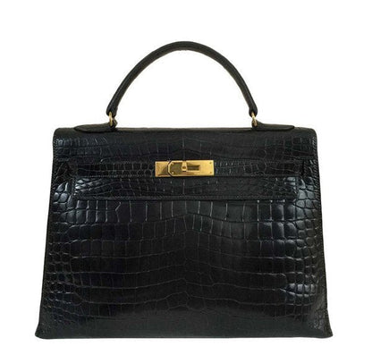 Hermes Kelly 32 Black Shiny Porosus Crocodile Gold Hardware Vintage