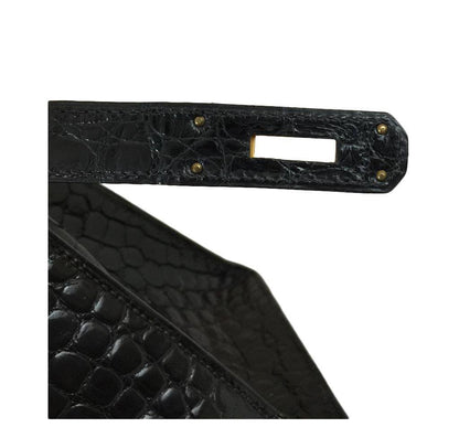Hermes Kelly 32 Black Shiny Porosus Crocodile Gold Hardware Vintage