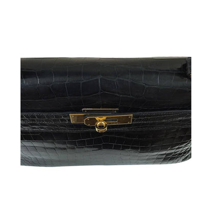 Hermes Kelly 32 Black Shiny Porosus Crocodile Gold Hardware Vintage
