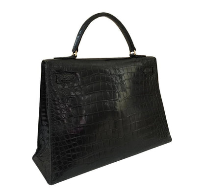 Hermes Kelly 32 Black Shiny Porosus Crocodile Gold Hardware Vintage
