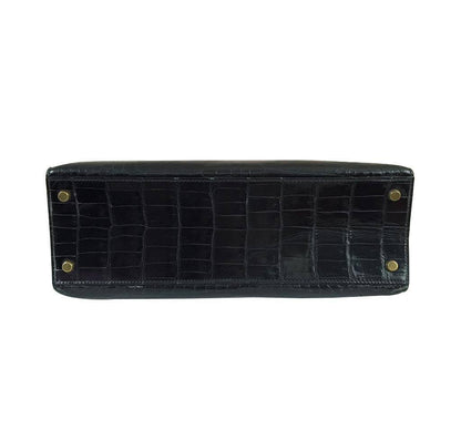 Hermes Kelly 32 Black Shiny Porosus Crocodile Gold Hardware Vintage