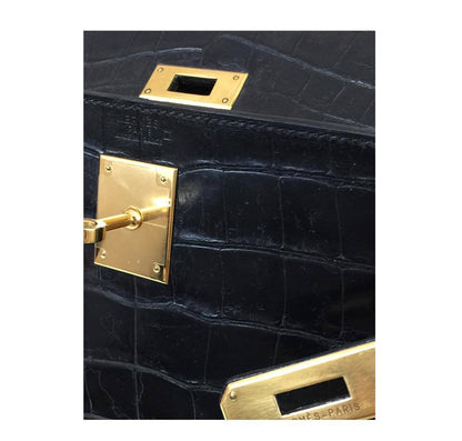 Hermes Kelly 32 Black Crocodile Gold Hardware Vintage