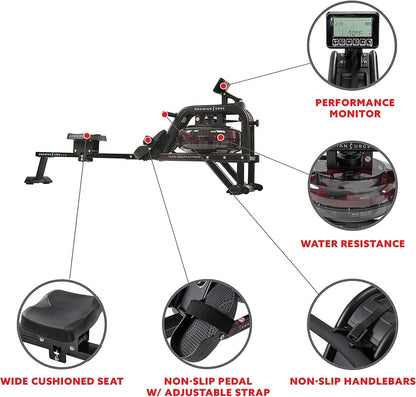 Sunny Health and Fitness Obsidian Surge Water Rowing Machines.