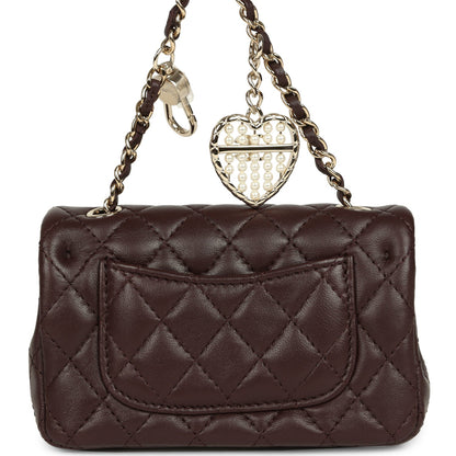 Chanel Nano Classic Double Flap Bag Charm Dark Brown Lambskin Light Gold Hardware