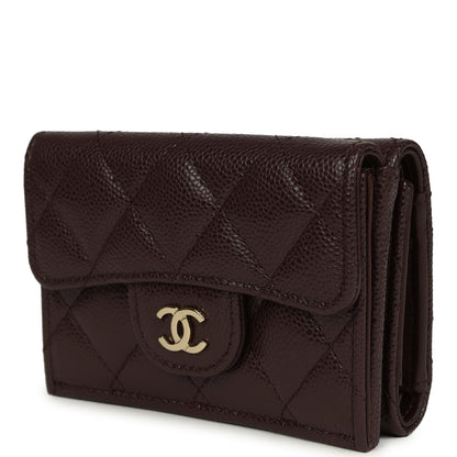 Chanel Small Classic Flap Wallet Dark Brown Shiny Caviar Light Gold Hardware