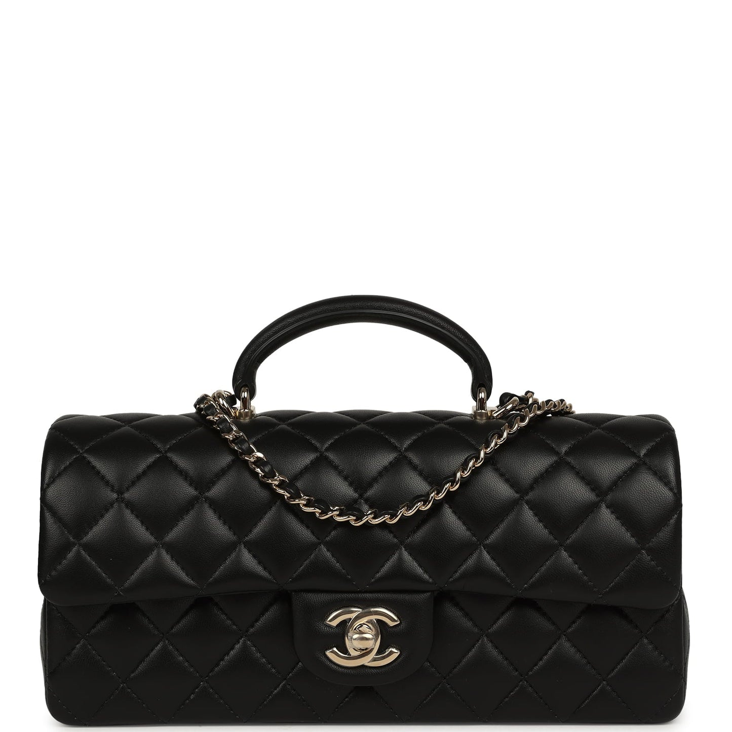 Chanel Classic Top Handle Long Flap Bag Black Lambskin Light Gold Hardware