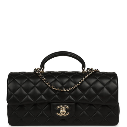 Chanel Classic Top Handle Long Flap Bag Black Lambskin Light Gold Hardware