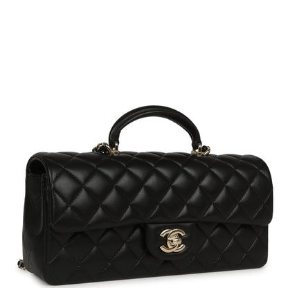 Chanel Classic Top Handle Long Flap Bag Black Lambskin Light Gold Hardware