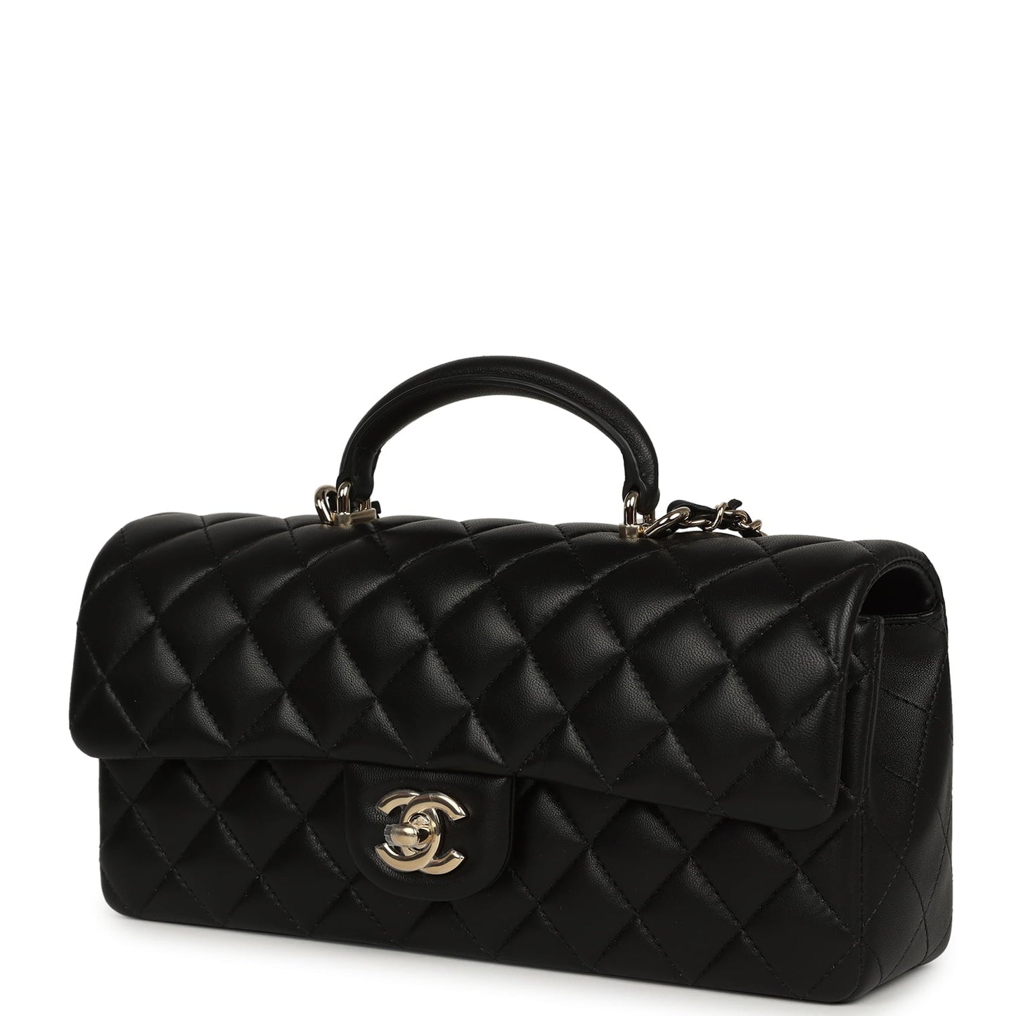 Chanel Classic Top Handle Long Flap Bag Black Lambskin Light Gold Hardware