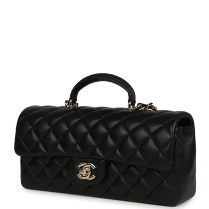 Chanel Classic Top Handle Long Flap Bag Black Lambskin Light Gold Hardware