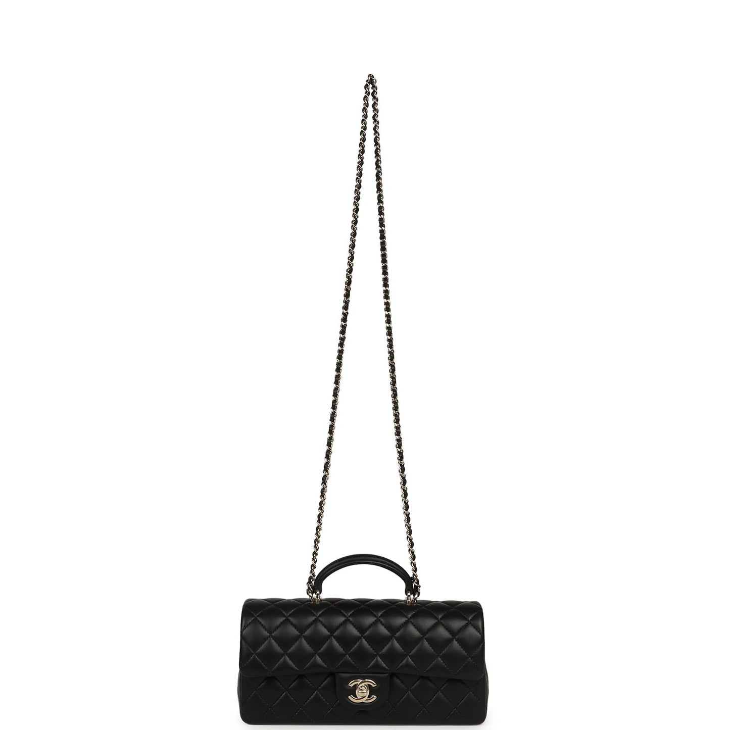 Chanel Classic Top Handle Long Flap Bag Black Lambskin Light Gold Hardware