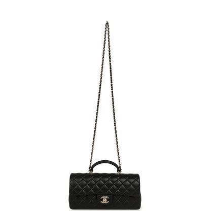 Chanel Classic Top Handle Long Flap Bag Black Lambskin Light Gold Hardware