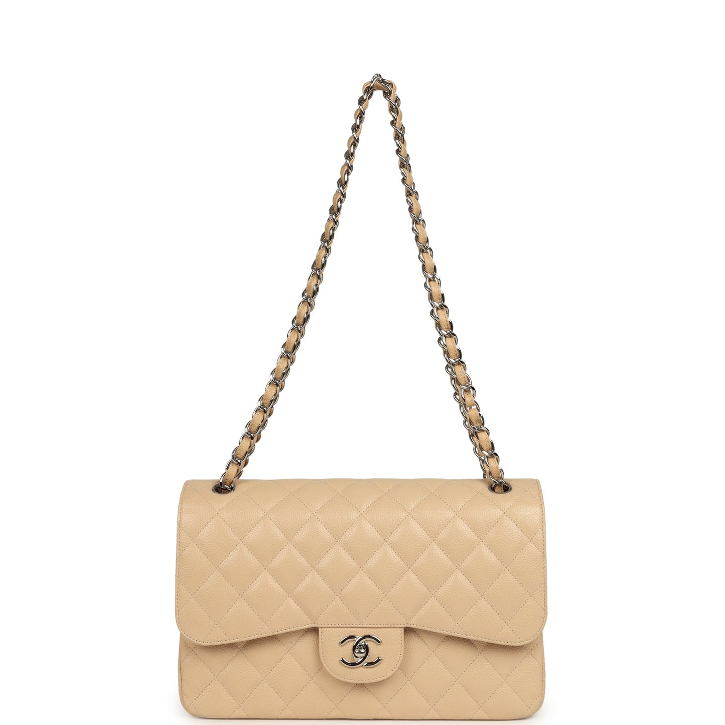 Pre-owned Chanel Jumbo Classic Double Flap Bag Light Beige Caviar Silver Hardware