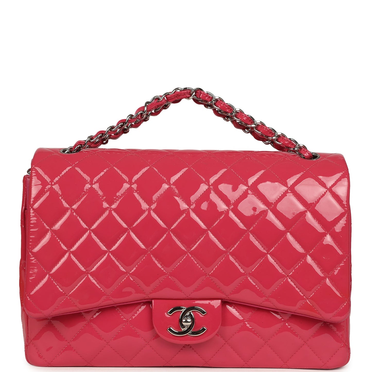 Pre-owned Chanel Maxi Classic Double Flap Bag Dark Pink Patent Silver Hardware