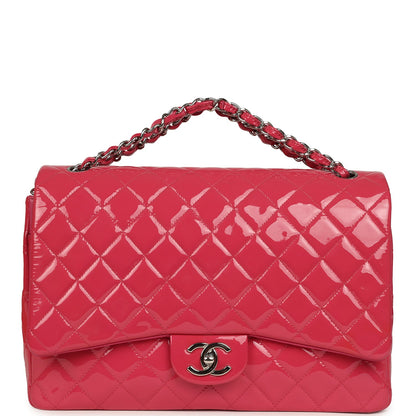 Pre-owned Chanel Maxi Classic Double Flap Bag Dark Pink Patent Silver Hardware