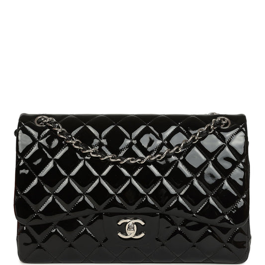 Pre-owned Chanel Jumbo Classic Double Flap Bag Black Patent Silver Hardware