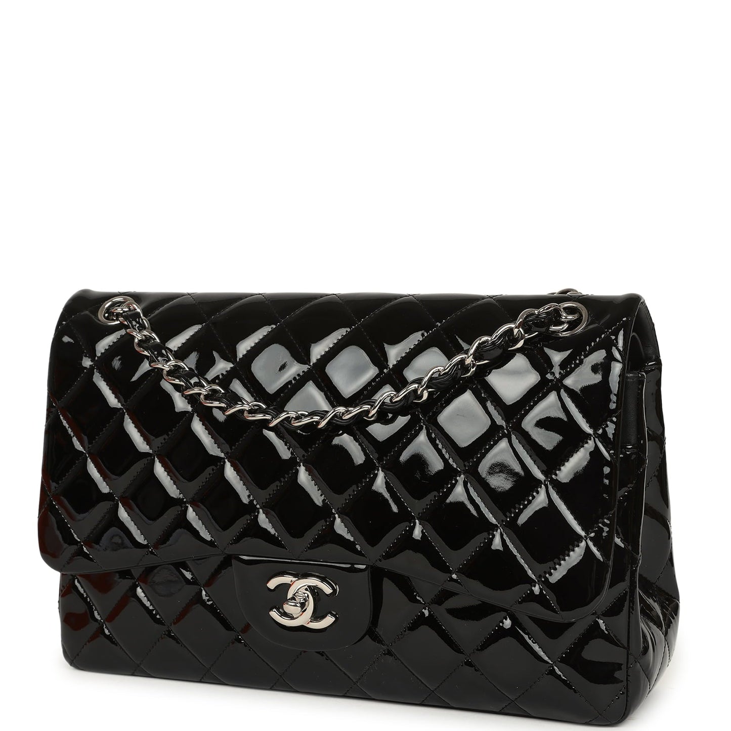 Pre-owned Chanel Jumbo Classic Double Flap Bag Black Patent Silver Hardware