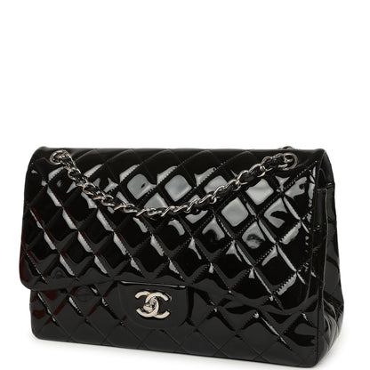 Pre-owned Chanel Jumbo Classic Double Flap Bag Black Patent Silver Hardware