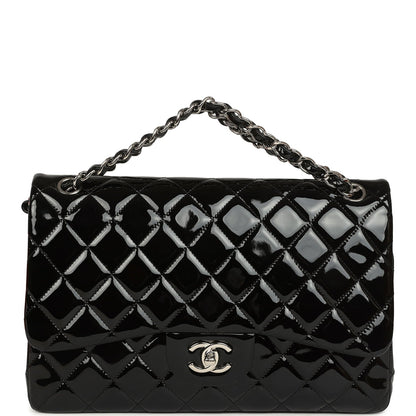 Pre-owned Chanel Jumbo Classic Double Flap Bag Black Patent Silver Hardware