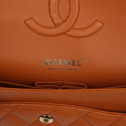 Chanel Medium Classic Double Flap Bag Caramel Shiny Caviar Light Gold Hardware