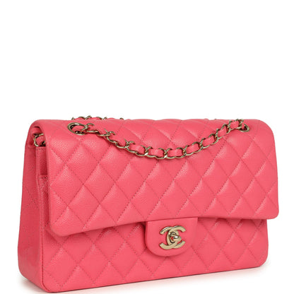 Pre-owned Chanel Medium Classic Double Flap Bag Dark Pink Shiny Caviar Gold Hardware
