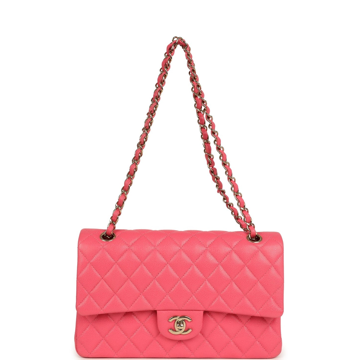 Pre-owned Chanel Medium Classic Double Flap Bag Dark Pink Shiny Caviar Gold Hardware