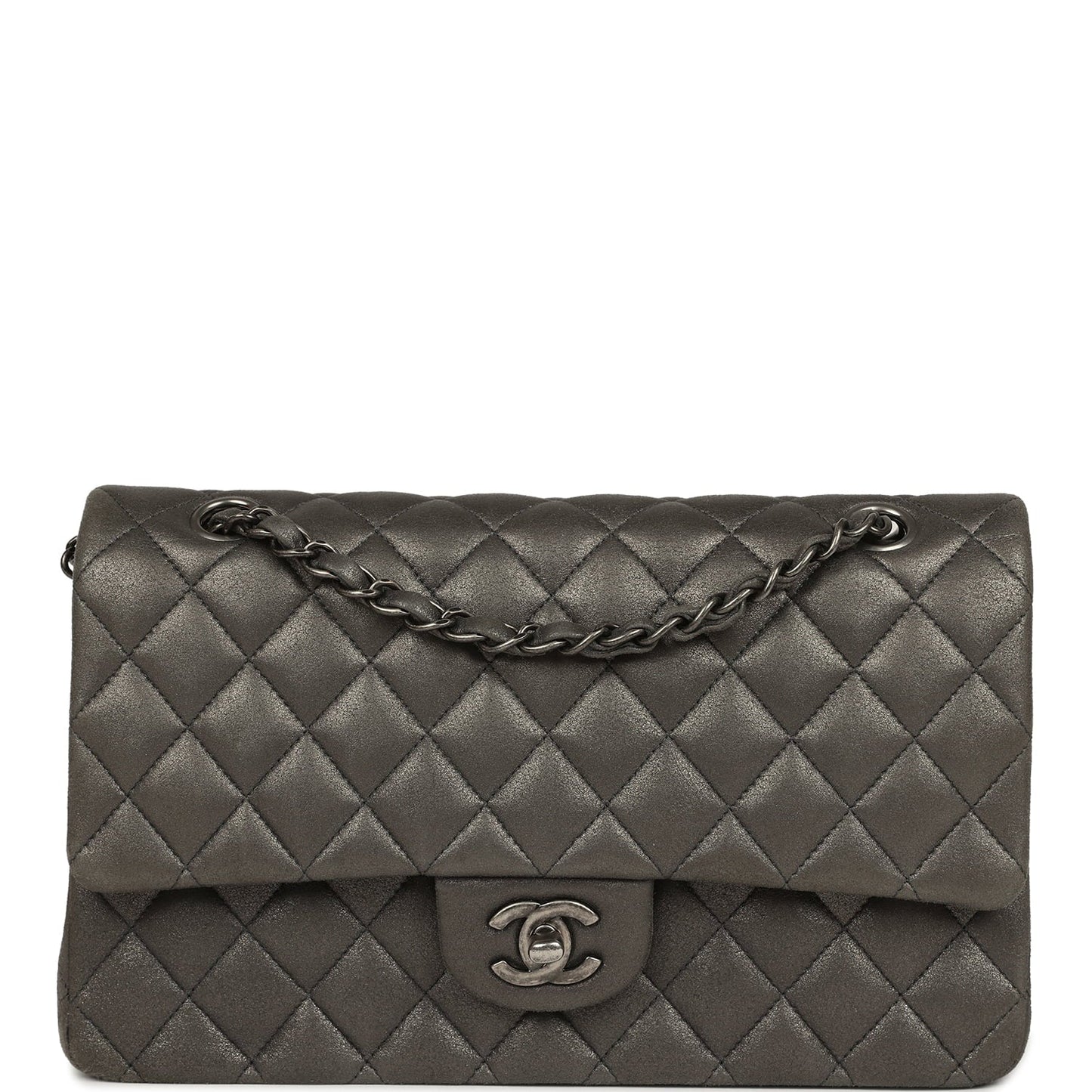Pre-owned Chanel Medium Classic Double Flap Bag Charcoal Metallic Goatskin Aged Ruthenium Hardware