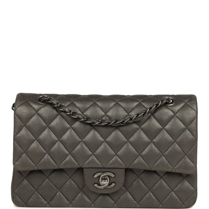 Pre-owned Chanel Medium Classic Double Flap Bag Charcoal Metallic Goatskin Aged Ruthenium Hardware