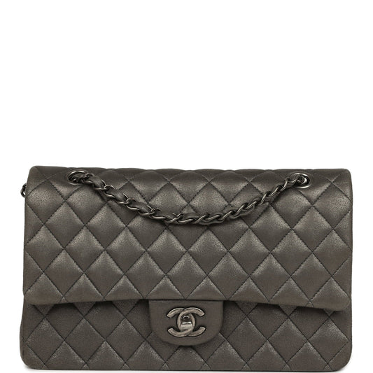Pre-owned Chanel Medium Classic Double Flap Bag Charcoal Metallic Goatskin Aged Ruthenium Hardware