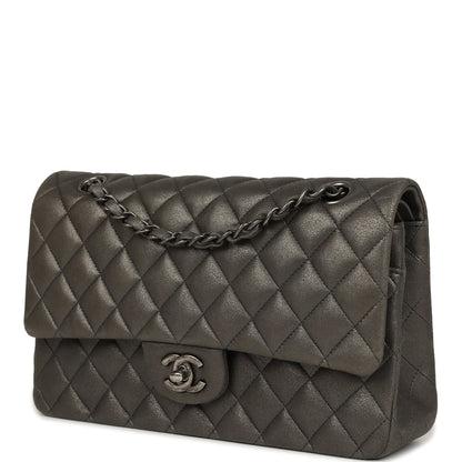 Pre-owned Chanel Medium Classic Double Flap Bag Charcoal Metallic Goatskin Aged Ruthenium Hardware