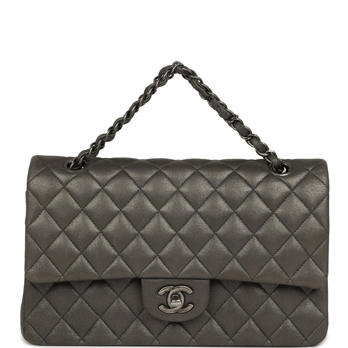 Pre-owned Chanel Medium Classic Double Flap Bag Charcoal Metallic Goatskin Aged Ruthenium Hardware
