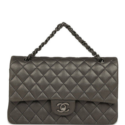 Pre-owned Chanel Medium Classic Double Flap Bag Charcoal Metallic Goatskin Aged Ruthenium Hardware