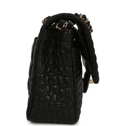 Chanel Medium Classic Croc Embossed Double Flap Bag Black Lambskin Gold Hardware