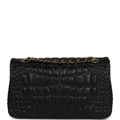 Chanel Medium Classic Croc Embossed Double Flap Bag Black Lambskin Gold Hardware