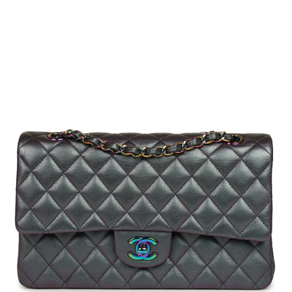 Pre-owned Chanel Medium Classic Double Flap Bag Iridescent Purple Goatskin Rainbow Hardware
