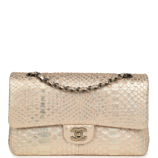Pre-owned Chanel Medium Classic Double Flap Bag Light Pink, Silver Python Aged Bronze Hardware