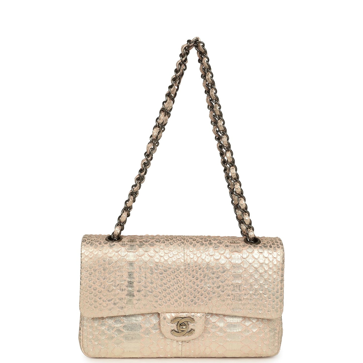 Pre-owned Chanel Medium Classic Double Flap Bag Light Pink, Silver Python Aged Bronze Hardware