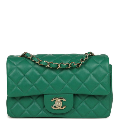 Chanel Mini Classic Rectangular Flap Bag Green Lambskin Light Gold Hardware