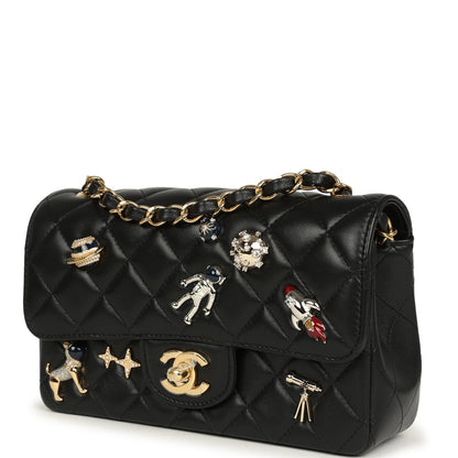 Chanel Mini Classic "Space Charms" Rectangular Flap Bag Black Lambskin Gold Hardware