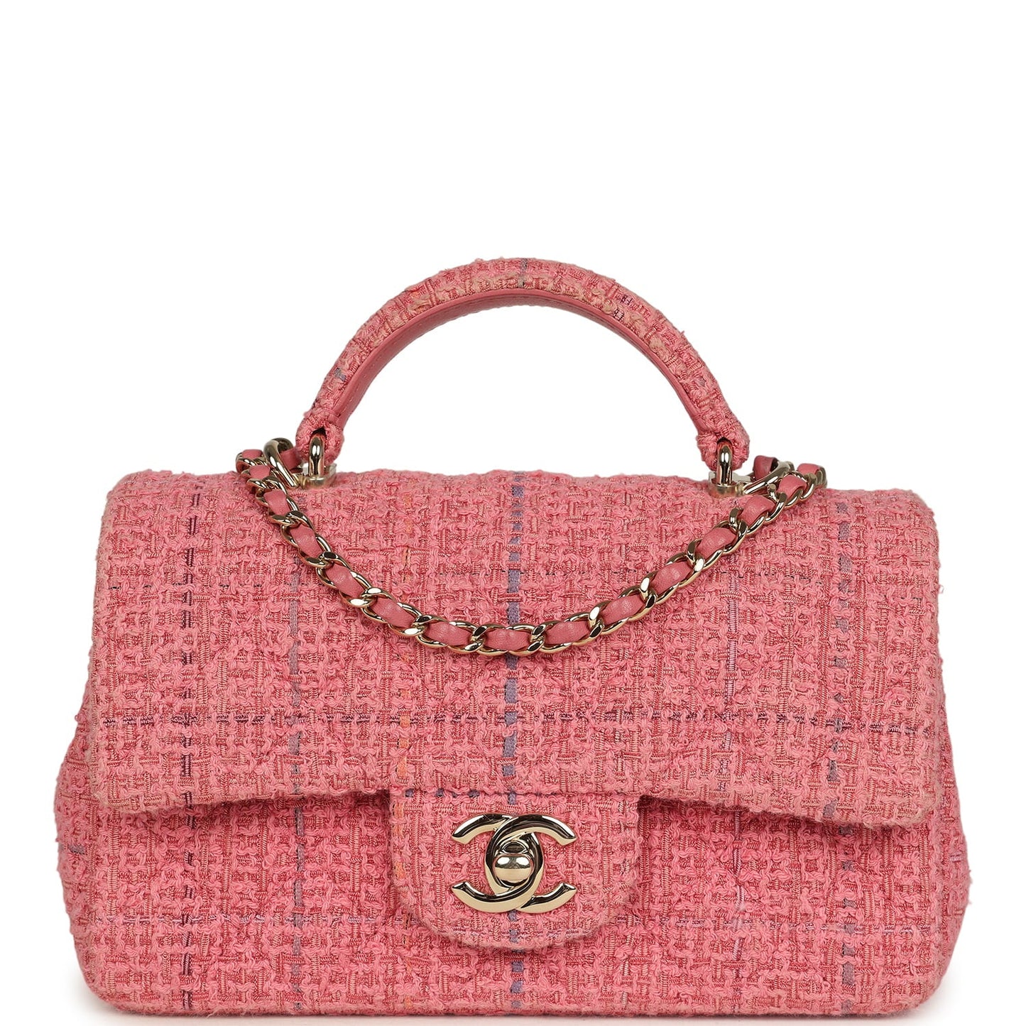 Pre-owned Chanel Mini Classic Rectangular Top Handle Flap Bag Pink Tweed Light Gold Hardware