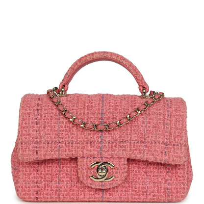 Pre-owned Chanel Mini Classic Rectangular Top Handle Flap Bag Pink Tweed Light Gold Hardware