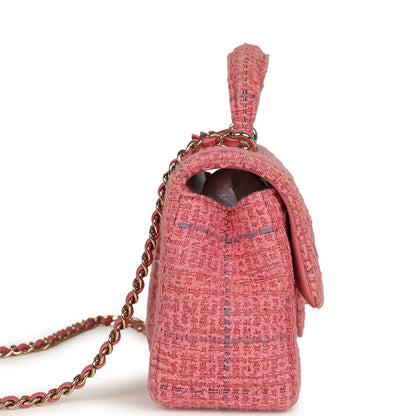 Pre-owned Chanel Mini Classic Rectangular Top Handle Flap Bag Pink Tweed Light Gold Hardware