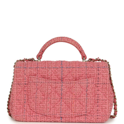 Pre-owned Chanel Mini Classic Rectangular Top Handle Flap Bag Pink Tweed Light Gold Hardware