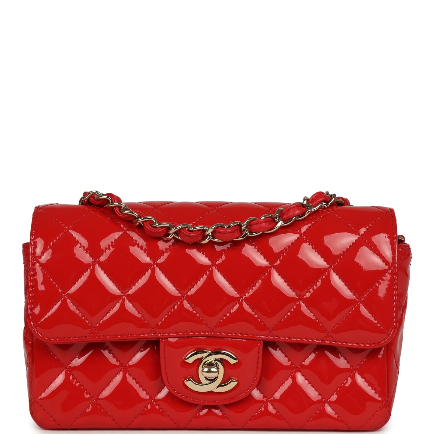 Pre-owned Chanel Mini Classic Rectangular Flap Bag Red Patent Light Gold Hardware